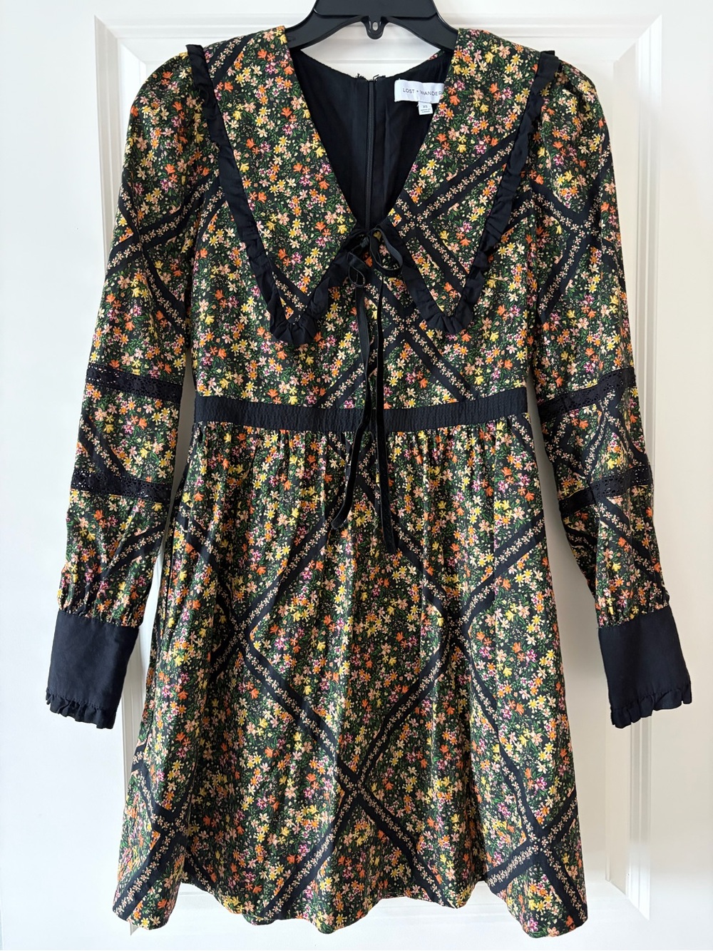 Lost + Wander Black Floral Ruffled Mini Dress with Tie Ribbon Collar